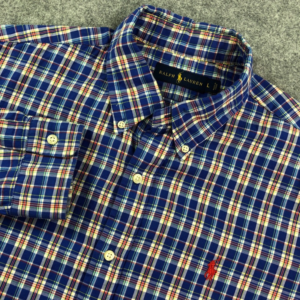 Ralph Lauren Mens Button Down Shirt L Blue Plaid Long Sleeve Classic Prep Cotton